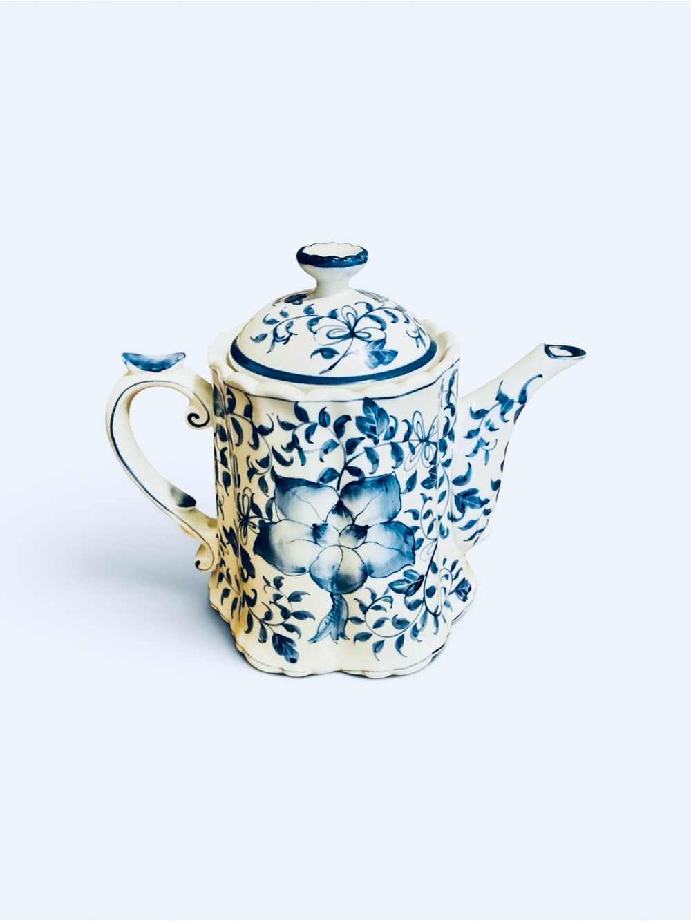 Andrea by Sadek Blue and White Ceramic Porcelain Lotus Floral Teapot 6.5” H